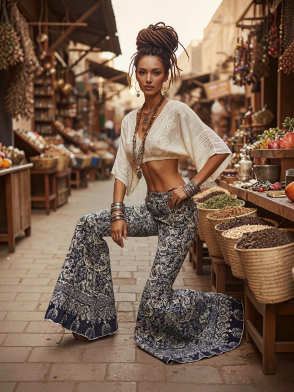 Bohemian Paisley Flared Pants in Navy Blue